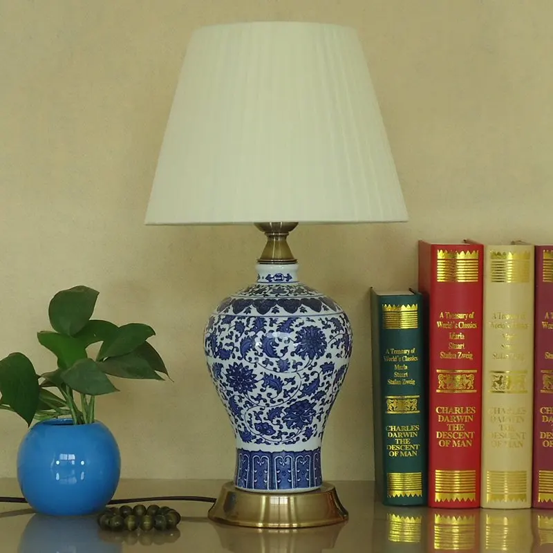 Китайская керамика фарфор, прикроватный светильник для спальни, Классическая бронзовая основа, настольная лампа для кабинета, романтическая настольная лампа из ткани