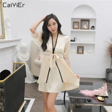 Caiyier Для женщин Лоскутная Спагетти ремень ночная рубашка пикантный халат комплекты Весна Silk Satin Robe две шт пижамы комплект LLP5601