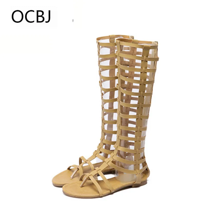 

New Summer Women Split Leather Knee-High Boots Open Toe Women Summer Boots Fashion Roman Style Zip Shoes