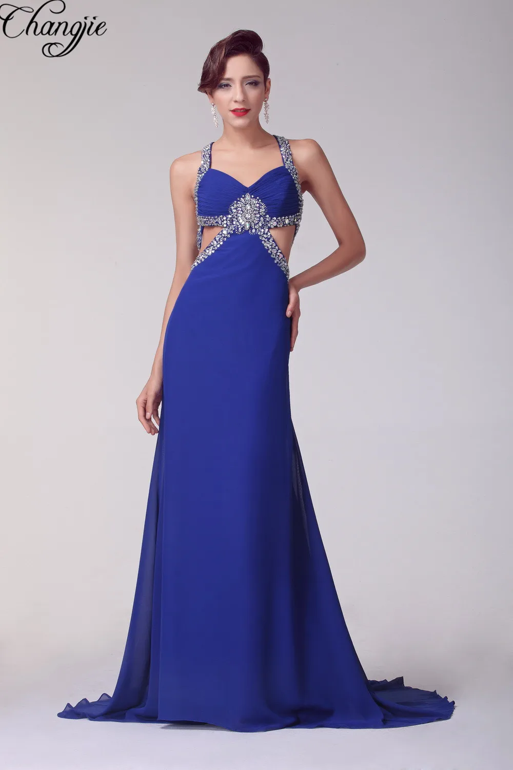 2017 Sexy Backless Long Straight Prom Dresses V neck Royal Blue Evening Party Gowns vestido curto de festa | Свадьбы и торжества