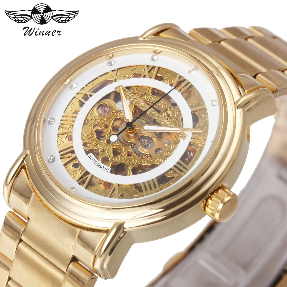

WINNER Official Luxury Automatic Mechanical Skeleton Watch Men Crystal Roman Numerals Iced Out Watches Stainless Steel Strap
