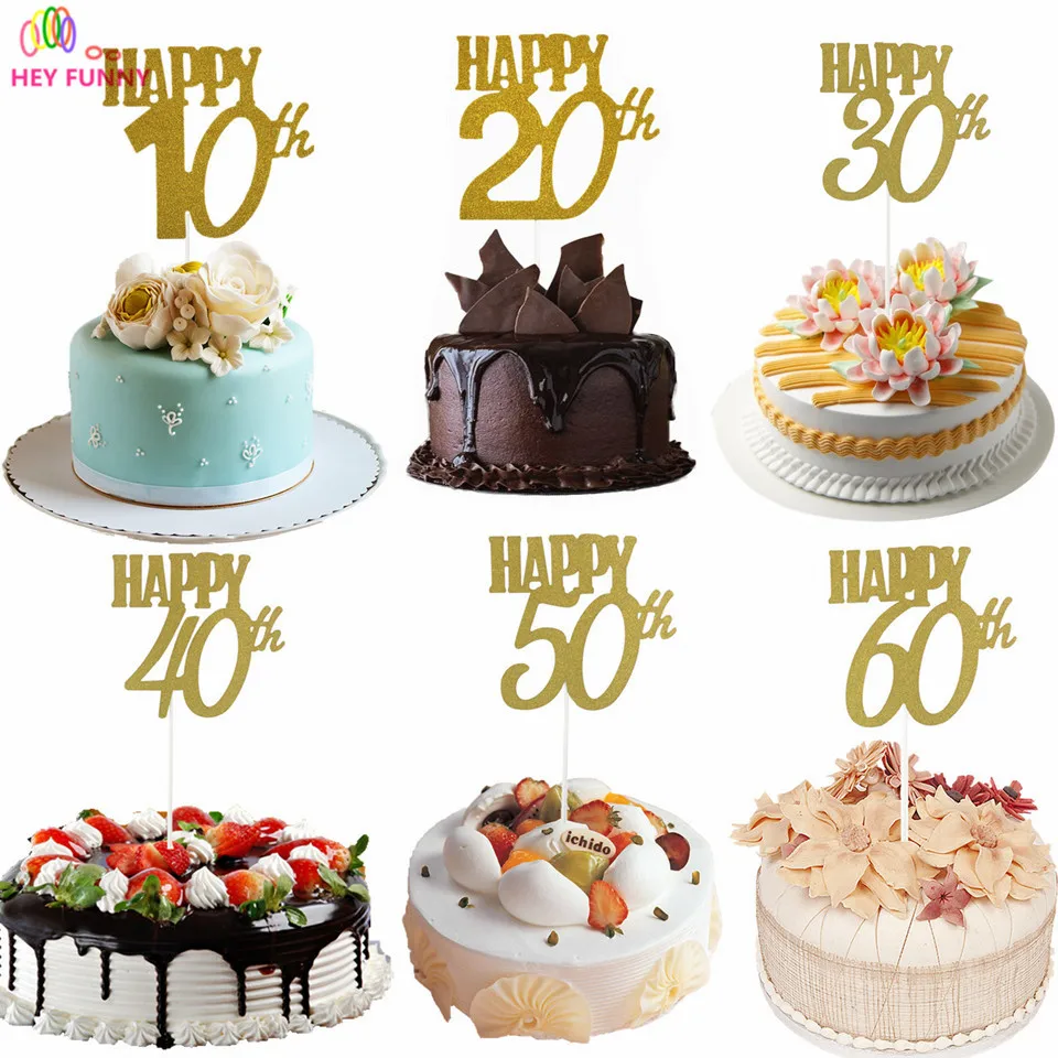 1pc Gold Happy 30th 40 50 60 Topper Glitter Silhouette