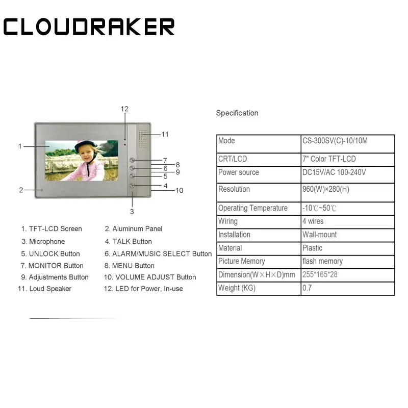 CLOUDRAKER 7 дюймов внутренний монитор видео телефон двери дверной звонок Домофон Система разблокировки настенный монтаж