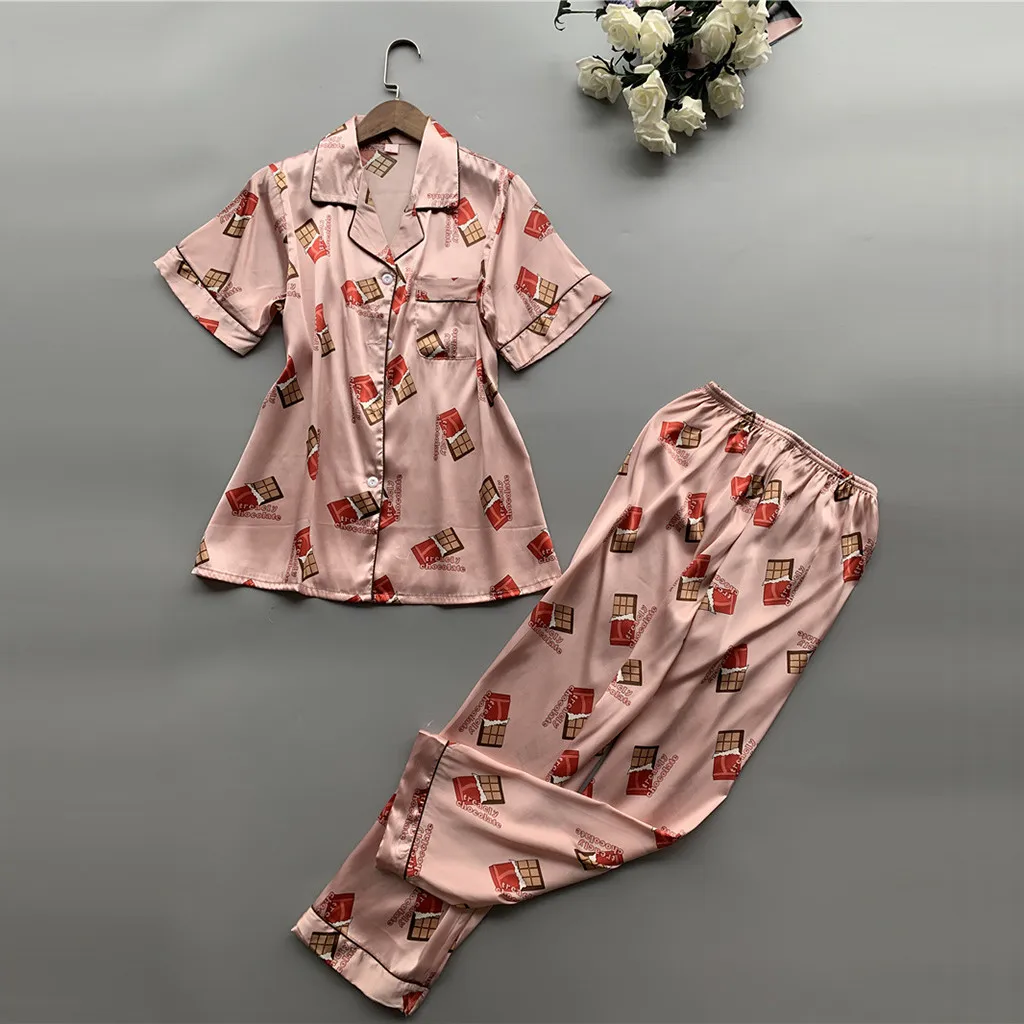

2019 Women Pajamas Sleepwear Silk Pyjamas Set Summer Print Pajamas Long Pants Plus Size Casual Home Night Wear Sleep Clothes