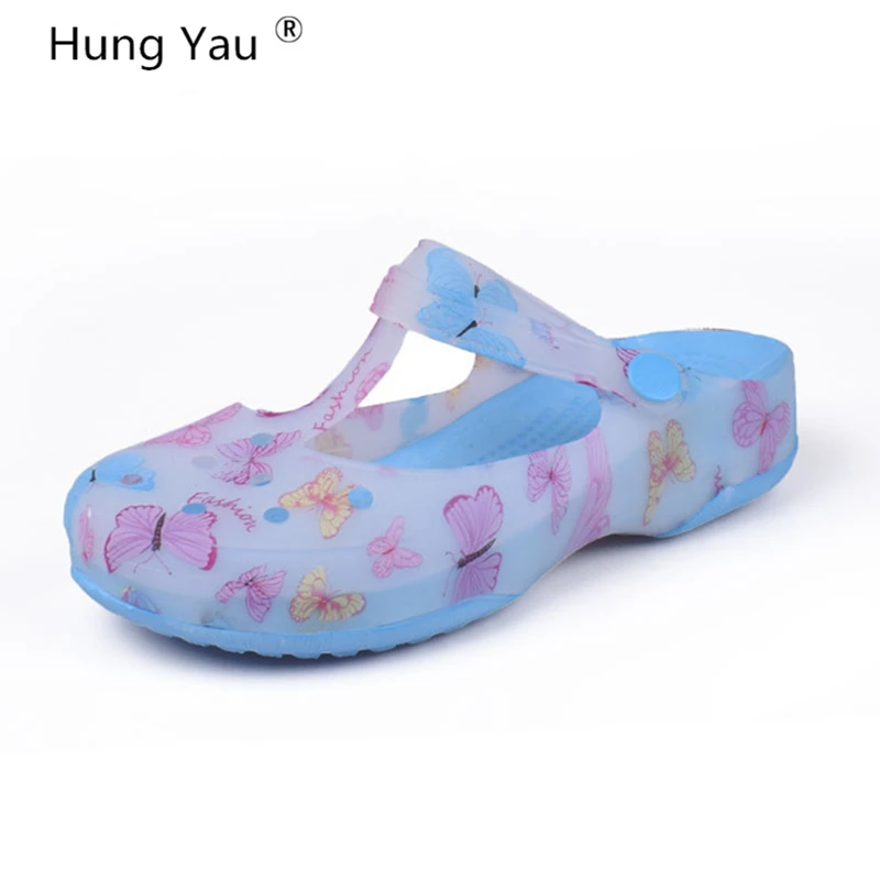 Skup Hung Yau kobiety wielokolorowe buty ogrodowe kobieta lato styl drewniaki plażowe sandały na płaskim obcasie znane marki dla kobiet wysokiej jakości rozmiar US 8