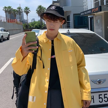 

2019 Spring And Autumn New Loose Fashion Casual Tooling Solid Printing Long-sleeved Shirt Male Black Yellow / Emerald ColorM-5XL