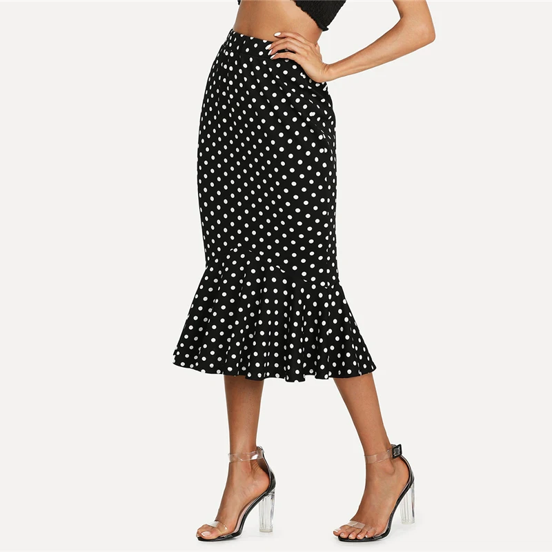 Plus Size Vintage Black White Polka Dot Ruffle Hem Fishtail Skirt Women ...