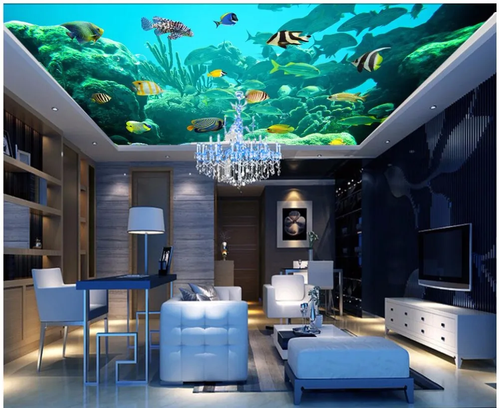 

3d room ceiling murals wallpaper custom photo Happy Ocean Fish Dolphins decor painting 3d wall murals wallpaper for walls 3 d