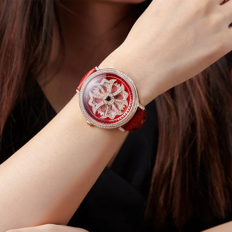 Ladies Luxury Bling Rhinestone Genuine Leather Rotate Flower Watches Women Quartz Watch Waterproof Best Quality Gift Davena Top