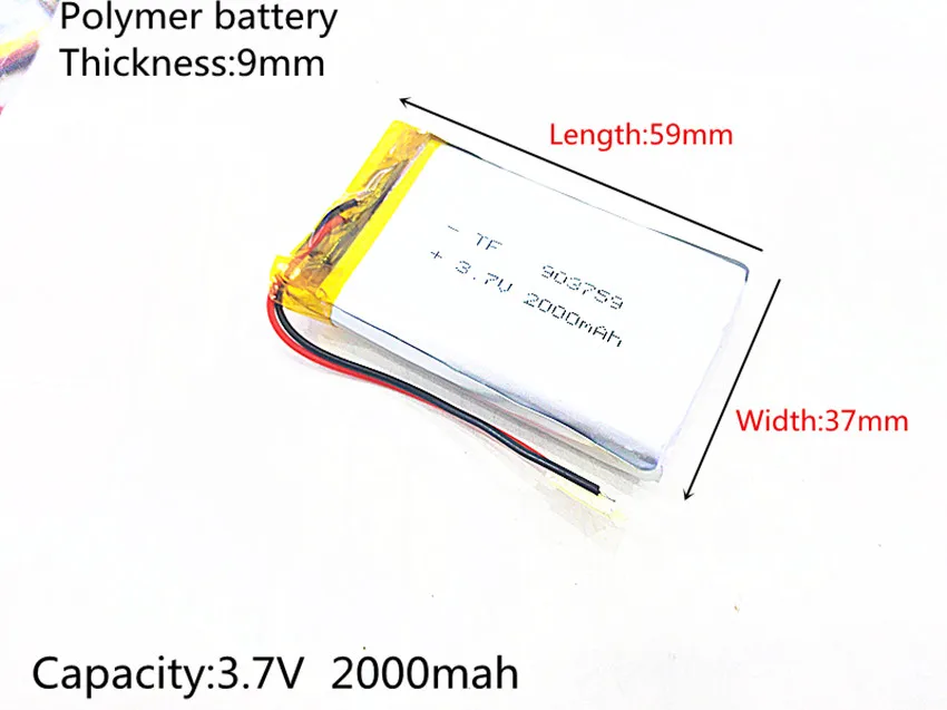 3.7V 2000mAh 903759 Lithium Polymer LiPo Rechargeable Battery ion cells For Mp3 Mp4 Mp5 DIY PAD DVD E-book bluetooth headset