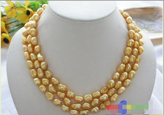 

3ROW 11MM YELLOW BAROQUE FRESHWATER CULTURED PEARL NECKLACE P2375Noble style Natural Fine jewe fast SHIPPING