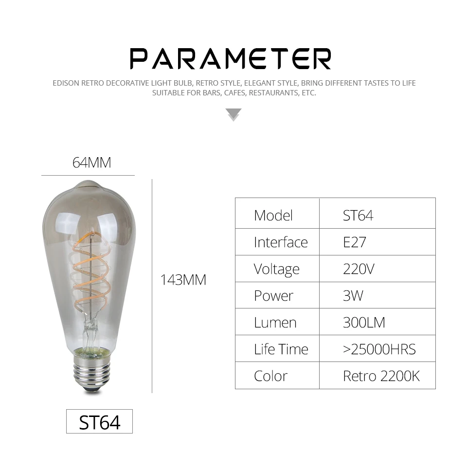 LED Retro Edison Light Bulb E27 220V ST64 Filament Vintage Lampada Ampoule Dimmer Incandescent Bulb Edison Filament Lamp (2)