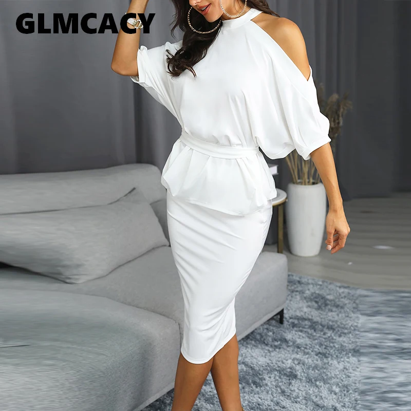 

Women 2 Pieces Cold Shoulder Peplum Top & Bottom Set Casual Elegant Office Lady Workwear Summer Outfits