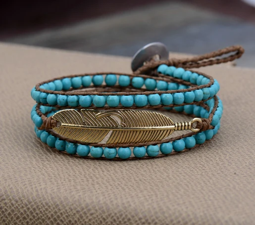 

Semi Precious Stone Antique Gold Leaf 3 Strands Handmade Wax Cord Wrap Bracelet Multi Layered Vintage Beads Bracelet
