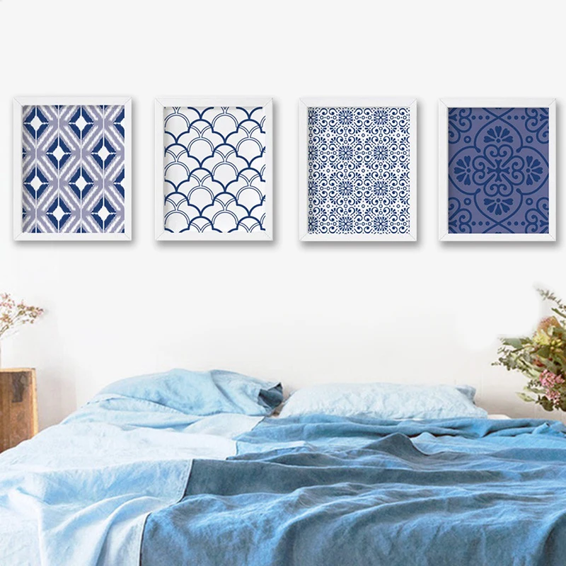 Navy Blue Ikat Geometric Patterns Prints Living Room Wall Decor