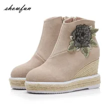 Women’s Genuine Suede Leather Applique Flower Wedge Platform Autumn Ankle Boots Brand Designer Hemp High Heeled Shoes Booties