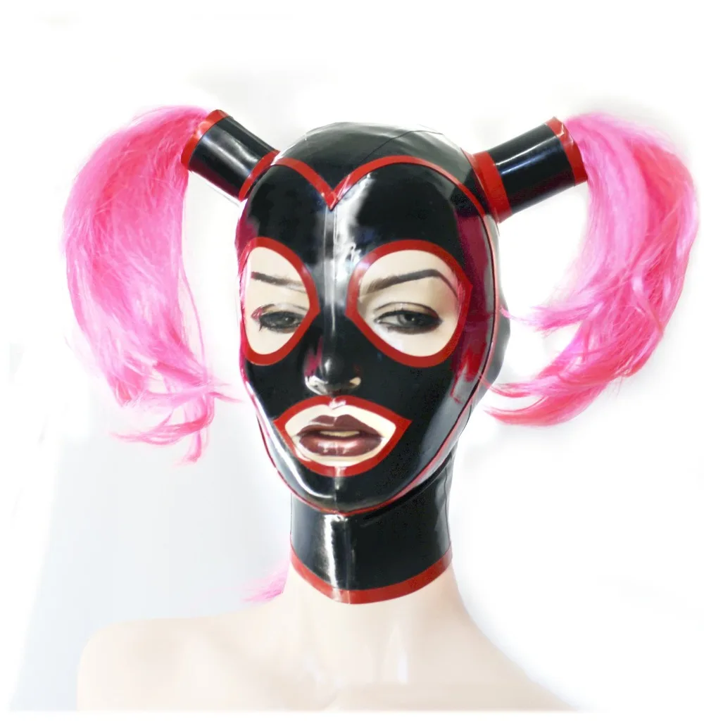 

Latex mask Latex Rubber Hood with Ponytails and Contrast Trim