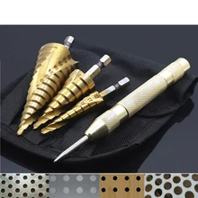 Hss conjunto de brocas de titânio, broca de metal espiral com ranhuras, haste hexagonal para perfuração de madeira, núcleo do cone + perfurador central