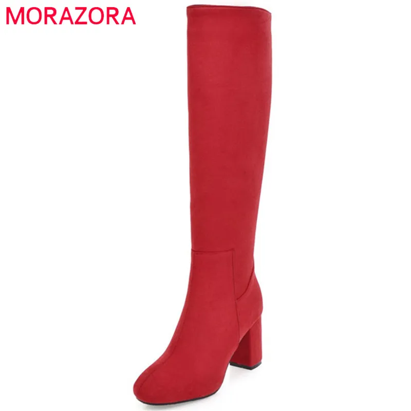 MORAZORA/ г., осенне-зимние сапоги до колена модная обувь женские сапоги на высоком каблуке однотонные женские сапоги из искусственного нубука на молнии