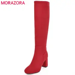 MORAZORA/Коллекция 2018 года, осенне-зимние сапоги до колена, модная обувь, женские сапоги на высоком каблуке, из PU искусственной кожи, нубука, на