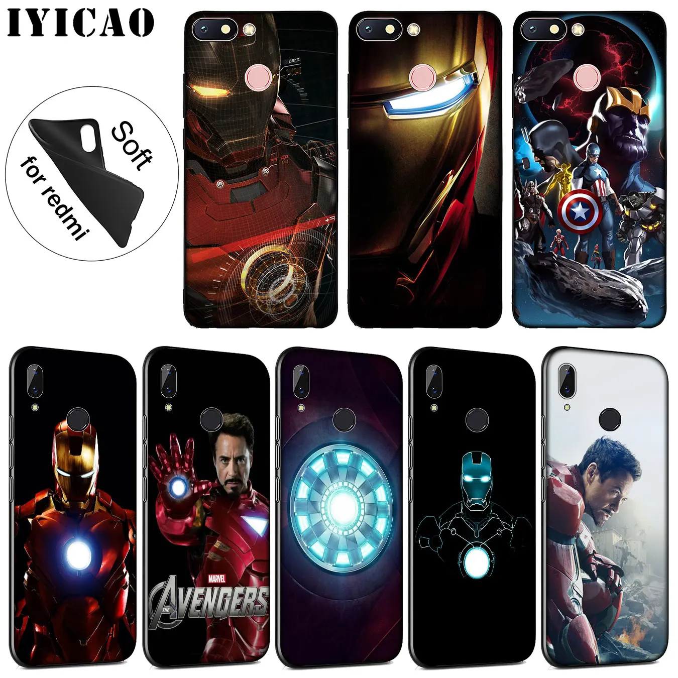 

IYICAO Marvel Iron man Soft Silicone Phone Case for Xiaomi Redmi 6A 5A Note 7 4 4X 5 Plus 6 Pro Black TPU Cover