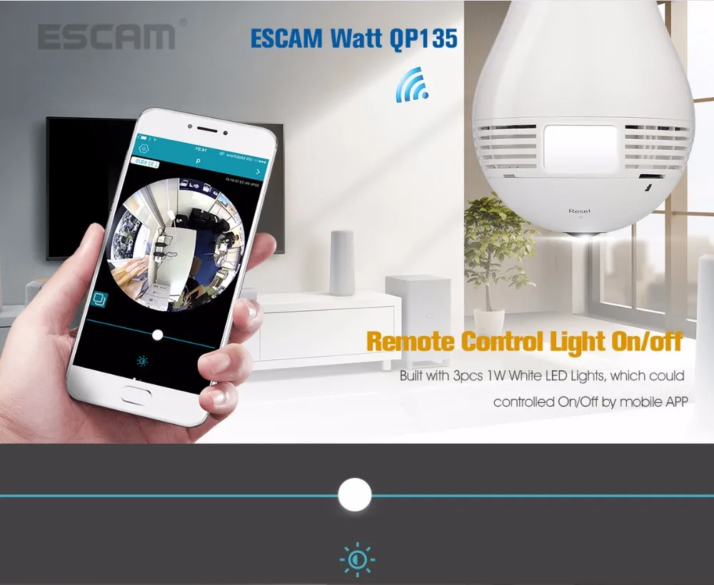 NEW ESCAM Watt QP135 Bulb Type Panoramic WIFI IP Camera H.264 1.3MP Two Way Audio Motion Detection Support 128G TF Card (16)