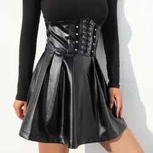 Женская сексуальная тонкая черная плиссированная юбка из искусственной кожи для девочек, высокая талия, сексуальная клубная производительность, повязная юбка TB489