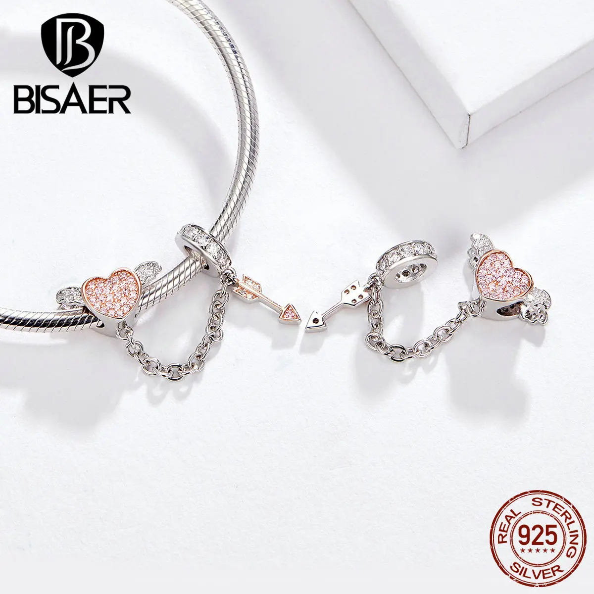 

Bisaer Rose Gold Zircon Heart Charms 925 Sterling Silver Love Arrow of Cupid Charms Safety Beads Fashion DIY Accessories HSC1208