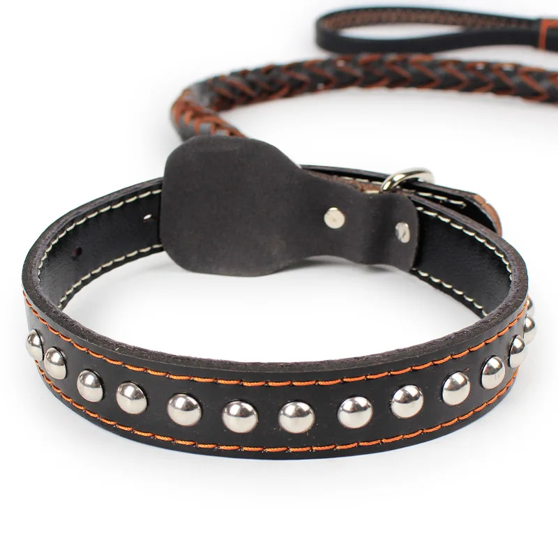 #*Cheap Braid Leather Dog Training Leash Long Soft Husky German Shepherd Medium large With Spiked Rivets Buckles Collar