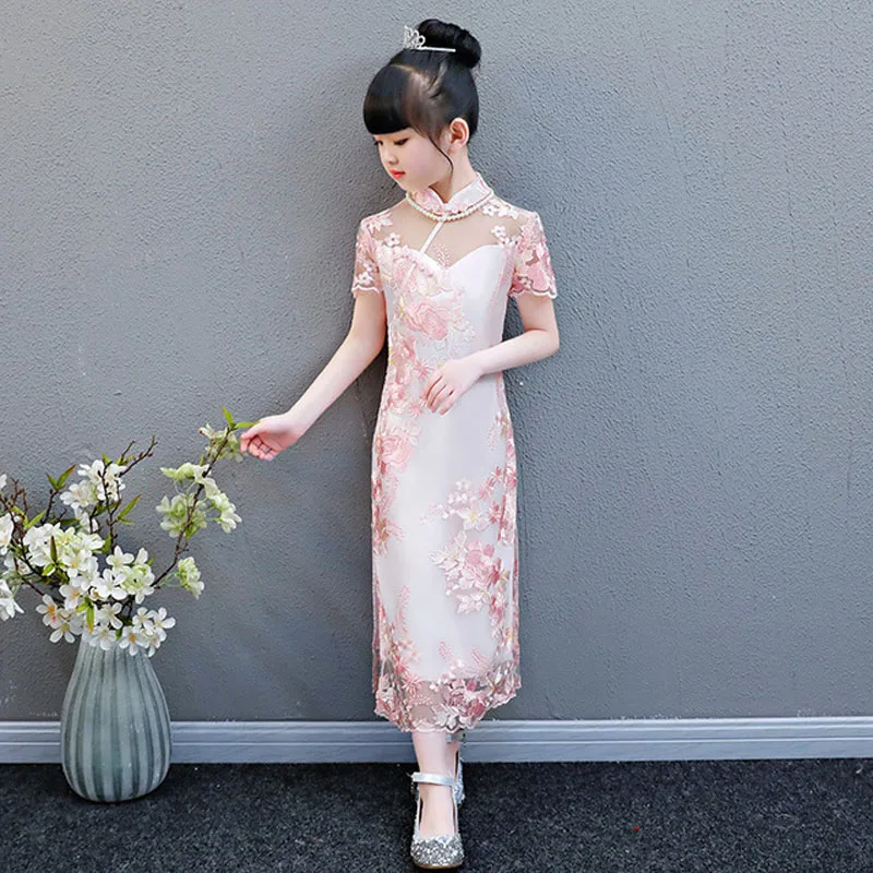 Новый детский летний костюм cheongsam для девочек, платье в китайском национальном стиле, детские платья ручной работы с цветочной вышивкой