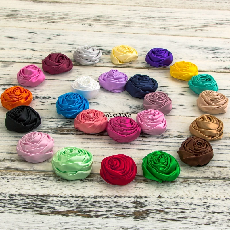 10pcs/lot 5cm 20colors Hair Clips Handmade Rolled Soft Satin Rose Flowers Artifcial Solid DIY Fabric Flowers For DIY Headband