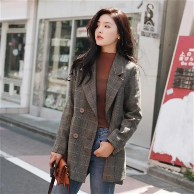 

2019 autumn new Korean version of the loose tide Harajuku bf wind long retro plaid chic small suit jacket female fashion Women