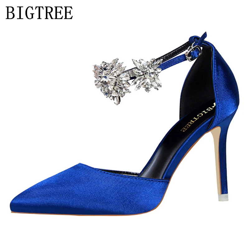 

Women Shoes 2018 Fashion Sexy Pumps Silk Rhinestone Pointed Toe Wedding Shoes Brand Designer Ladies High Heel crystal sandals