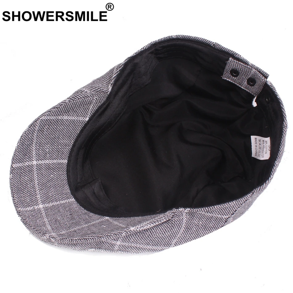 SHOWERSMILE Men's Blue Berets Plaid Adjustable Cotton Flat Cap Male Summer Autumn Classic England Breathable Duckbill Hat New mens berets for sale