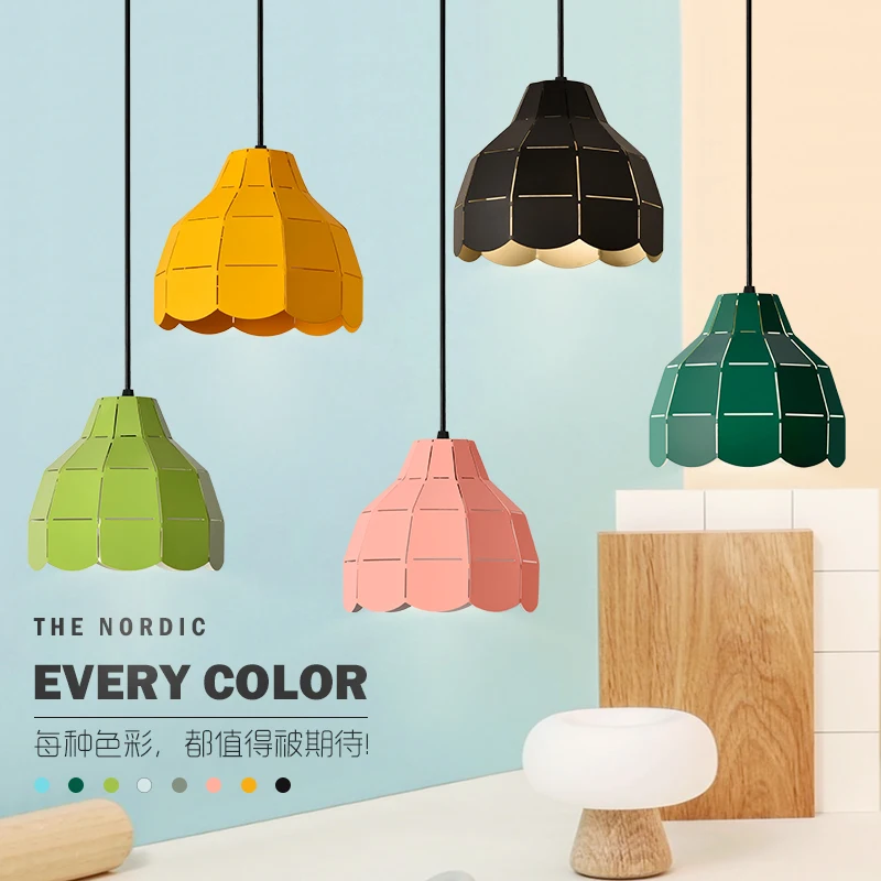 

Nordic style iron color pendant light colorful shade iron wood lamp hang lighting living dinning room restaurant hotel