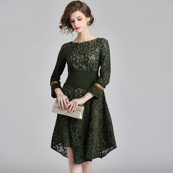 

HAMALIEL New Arrival Army Green Lace Dress Spring Women Wrist Flare Sleeve Patchwork Dress Vintage Hollow Out Fashion Vestidos