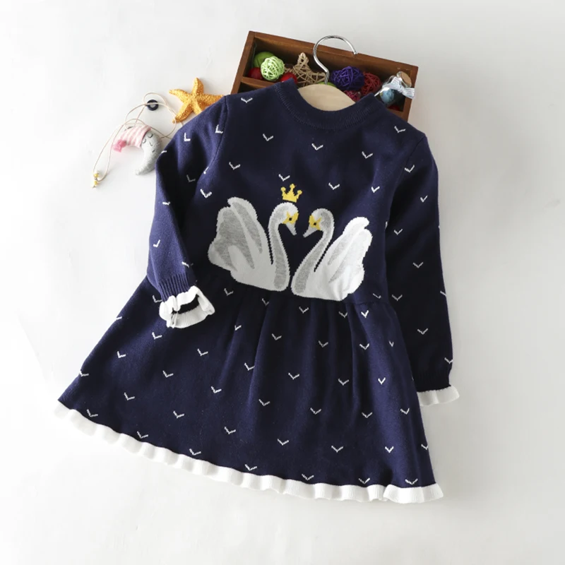 

Girl's Winter Dress Knitted Dress Autumn Winter New Children's Sweater Cotton Round Collar Princess Swan Dress Party Dress