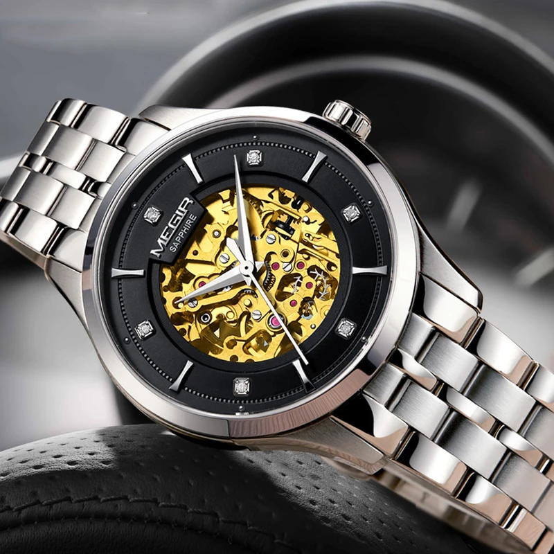 MEGIR جديد التلقائي الميكانيكية ووتش الأعلى العلامة التجارية الفاخرة الياقوت كريستال الهيكل العظمي ساعات رجالية جلدية الذهبي تصميم ساعة اليد MEGIR جديد التلقائي الميكانيكية ووتش الأعلى العلامة التجارية الفاخرة الياقوت كريستال الهيكل العظمي ساعات رجالية جلدية الذهبي تصميم ساعة اليد