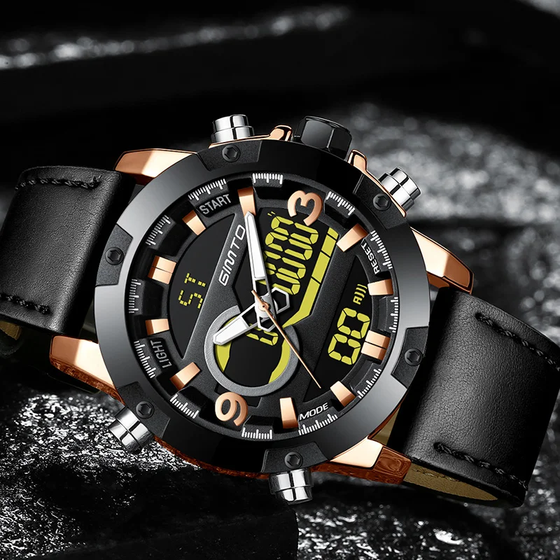 

GIMTO Cool Sport Men Watch Shock Black Leather Digital Army Male Watches Brand Clock Waterproof Creative LED Wristwatch Relogio
