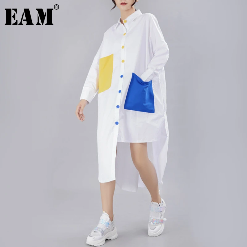  [EAM] 2020 New Spring Autumn Lapel Long Sleeve Panelled Button Pocket Split Loose Big Size Shirt Wo