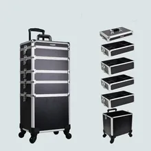 Алюминиевая коробка для маникюра на колесиках с коробкой для макияжа с подсветкой и зеркалом 5 в 1 чехол для косметики