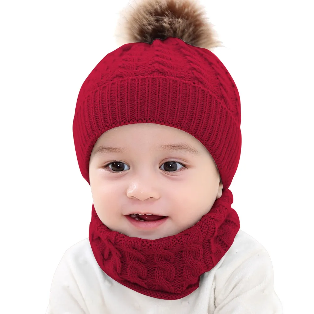 Puseky 1 компл. детская шапка шарф зима меховой вязаный шарик теплые шапка для новорожденного одноцветное цвет защиты уха кепки