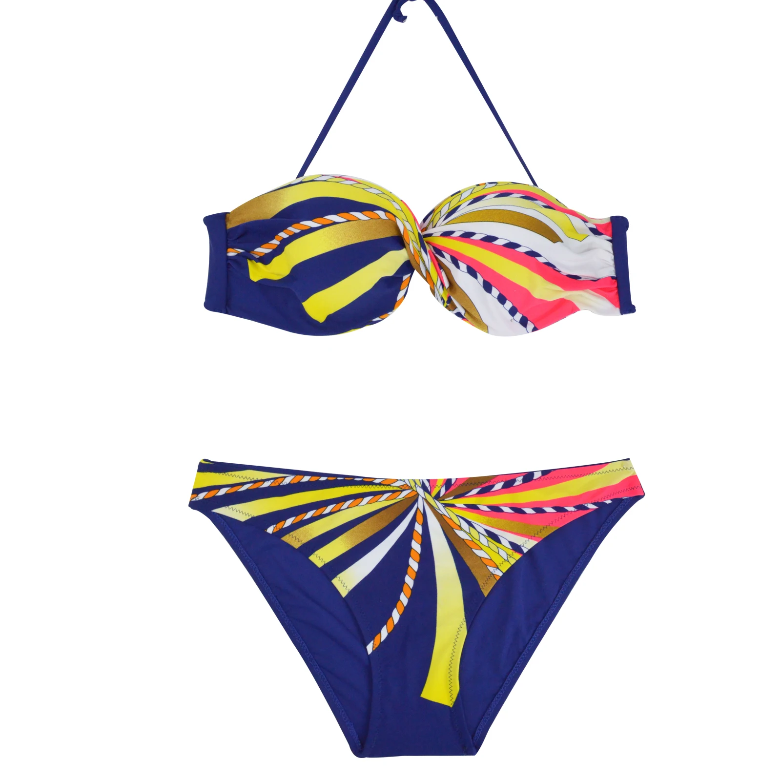 

2017 Summer Halter Sexy Low Waist Push Up S M L Strappy Halter Print Bikini Set Striped Ruched Swimwear Bathing Suit Bandeau