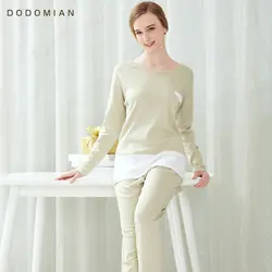 Демисезонный Для женщин хлопковые пижамы Пижама с длинным рукавом комплект для Для женщин Твердые Лоскутная Женская пижама Mujer О-образным