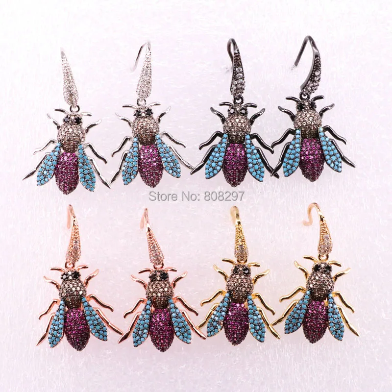 

4Pairs Multicolor CZ Micro Pave Insect Earring Crystal Zirconia Fly shape Bug earring