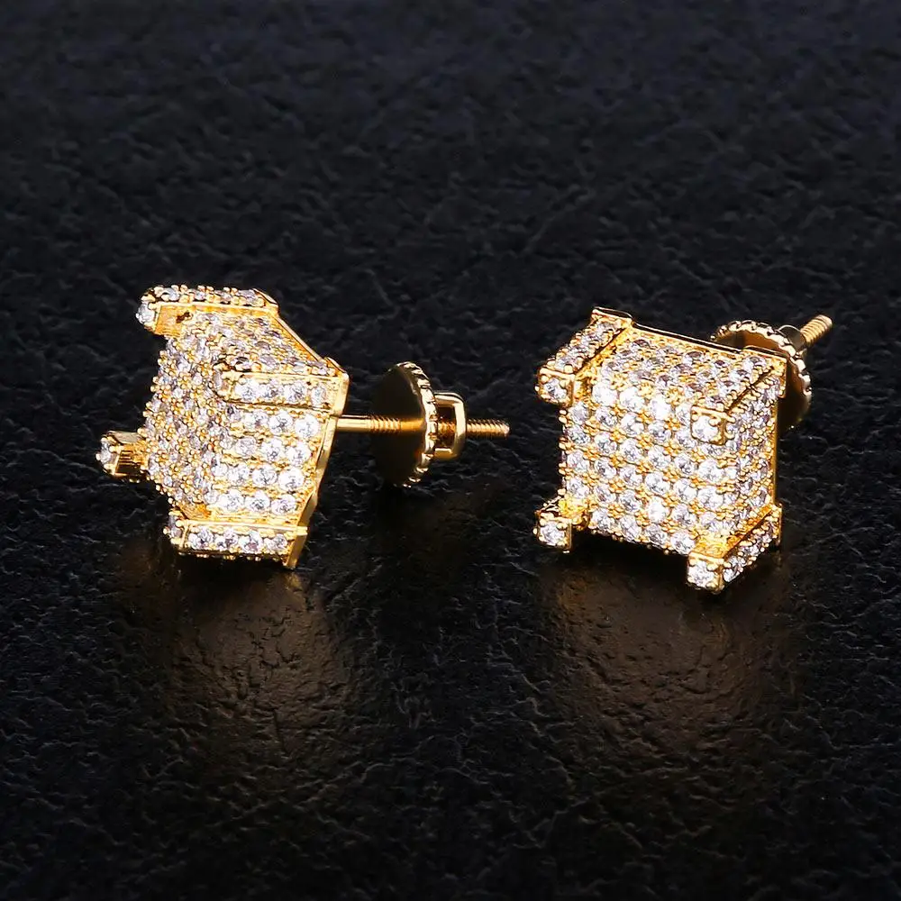 KRKC&CO Micro Pave Gold Iced Out 3D CZ  Earrings Hip Hop Jewelry for amazon/ebay/wish online store for Wholesale Agent in Stock