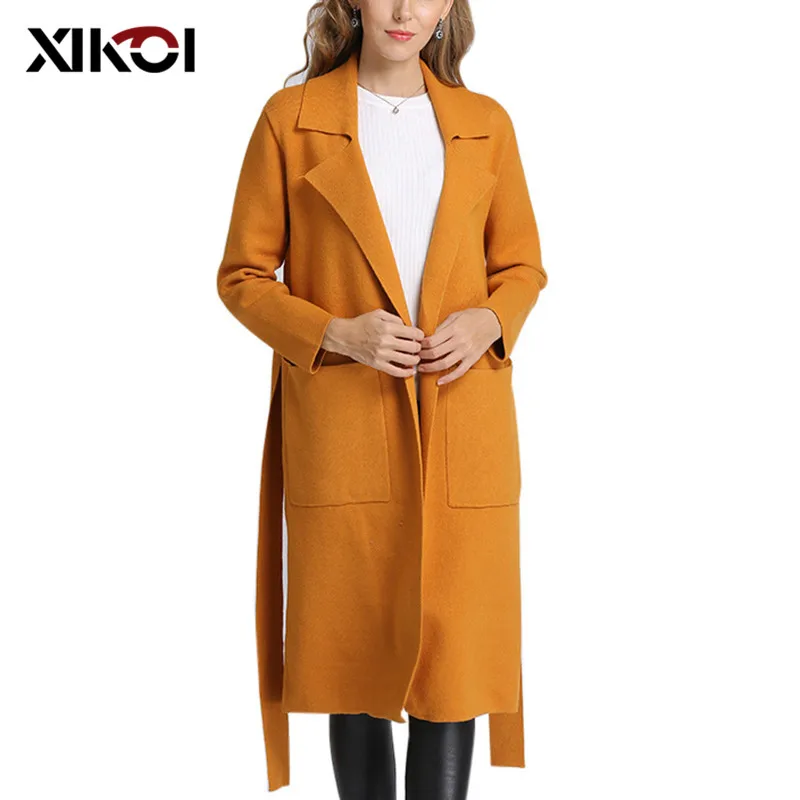 Женский вязаный Тренч XIKOI теплый Свободный Длинный тренч черного и хаки цвета с