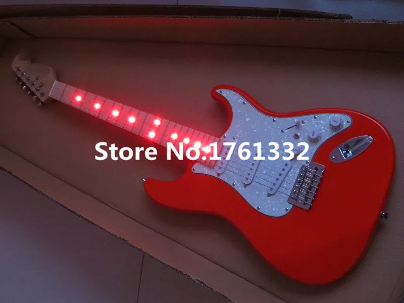 

Factory custom 22 frets red electric guitar with 3 single pickups,finger board with light, white pearl pickguard,can be changed