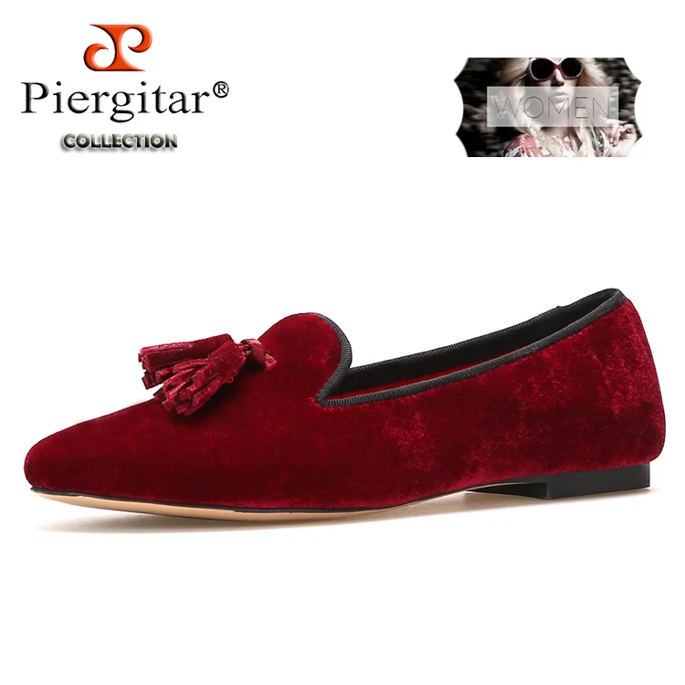 Piergitar/Новинка; женская бархатная обувь ручной работы с кисточками; цвет винный, красный; женские повседневные и вечерние лоферы; женская модельная обувь на плоской подошве - Цвет: Красный