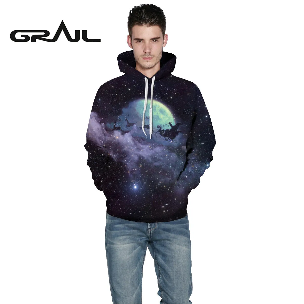 

GRAIL New Outdoor Fasion Style Christmas Moon Printing Hoodies 3D Digital Print Sweatshirt Couple Long Sleeve Tee QYDM167